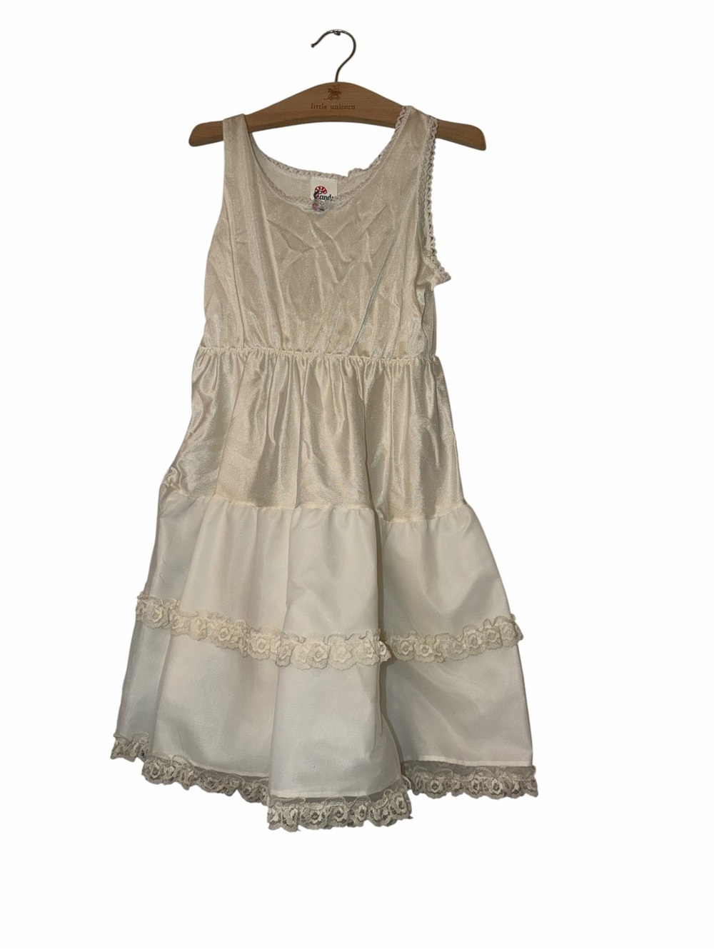 Vtg Candy Kane by Imerman girls ivory tiered satin lace slip sz 8 Union made